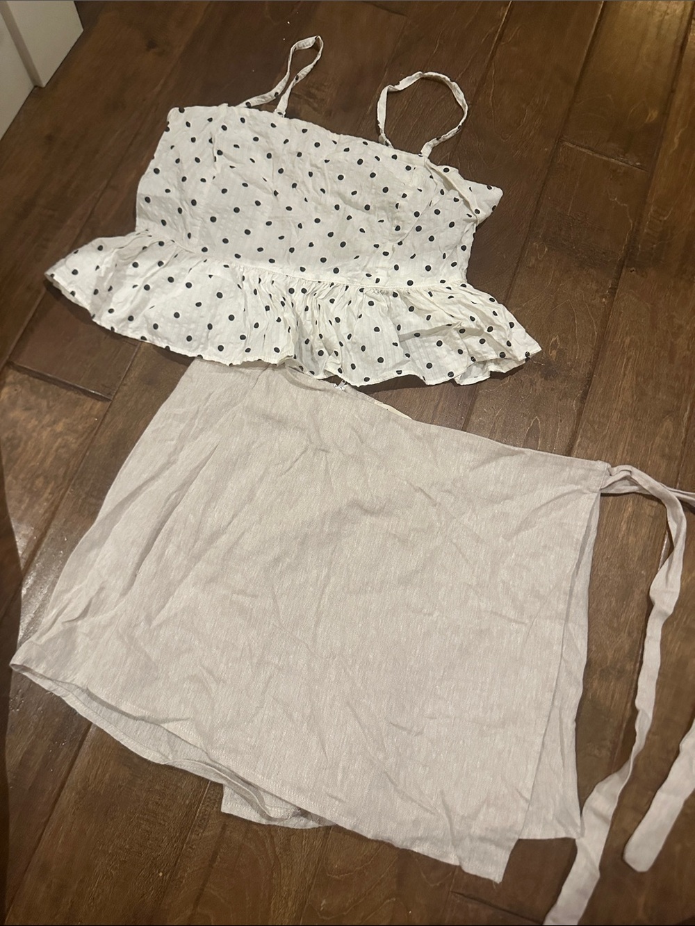 aerie White Polka Dot Peplum Cami & Cream Wrap Skirt Set